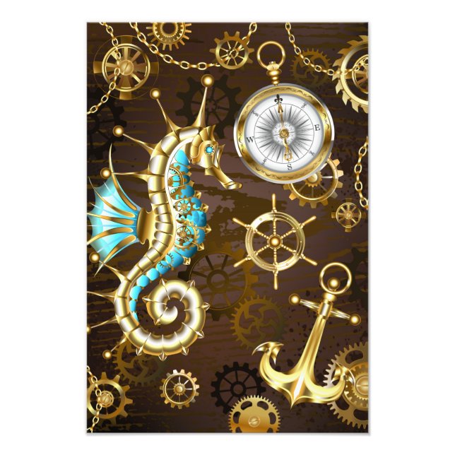 Wooden Background with Mechanical Seahorse Photo Print (Front)