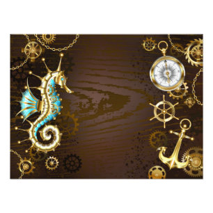 Wooden Background with Mechanical Seahorse Photo Print
