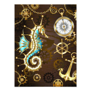 Wooden Background with Mechanical Seahorse Photo Print