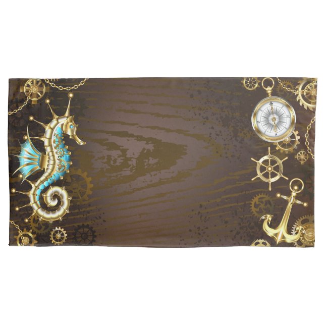 Wooden Background with Mechanical Seahorse Pillowcase (Front)