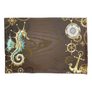 Wooden Background with Mechanical Seahorse Pillowcase