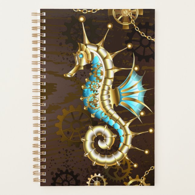 Wooden Background with Mechanical Seahorse Planner (Front)