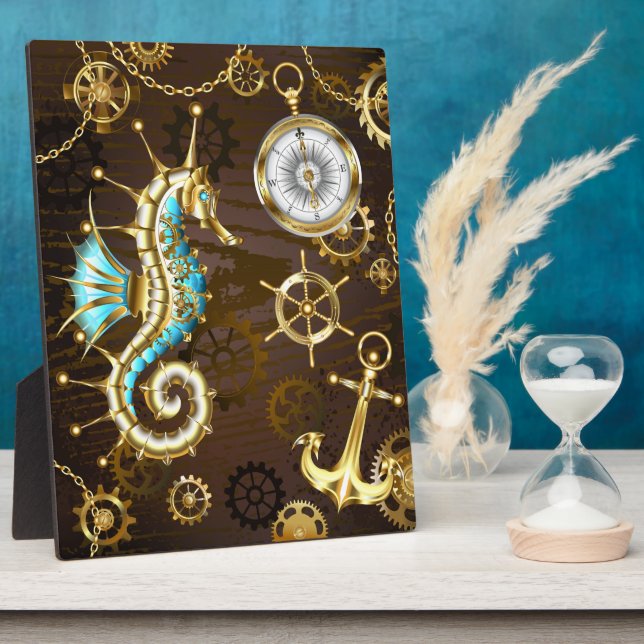 Wooden Background with Mechanical Seahorse Plaque (Side)