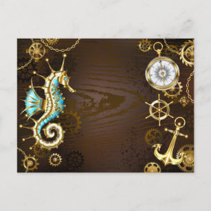 Wooden Background with Mechanical Seahorse Postcard