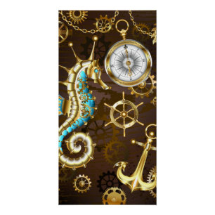 Wooden Background with Mechanical Seahorse Poster