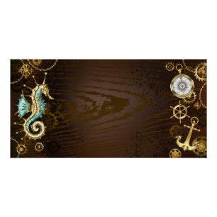 Wooden Background with Mechanical Seahorse Poster