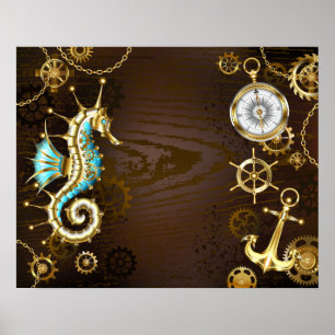 Wooden Background with Mechanical Seahorse Poster