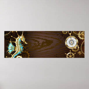 Wooden Background with Mechanical Seahorse Poster