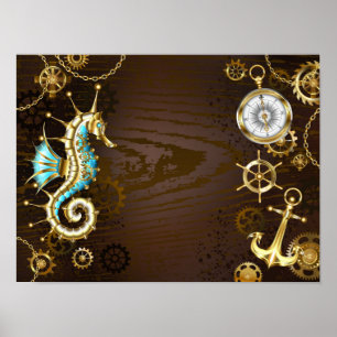 Wooden Background with Mechanical Seahorse Poster