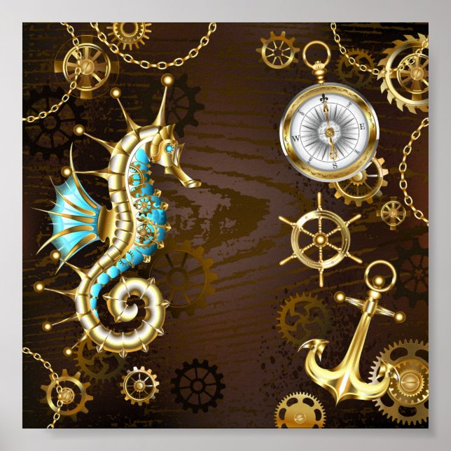 Wooden Background with Mechanical Seahorse Poster (Front)