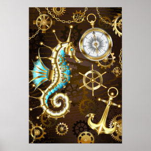 Wooden Background with Mechanical Seahorse Poster