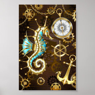 Wooden Background with Mechanical Seahorse Poster