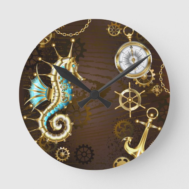 Wooden Background with Mechanical Seahorse Round Clock (Front)