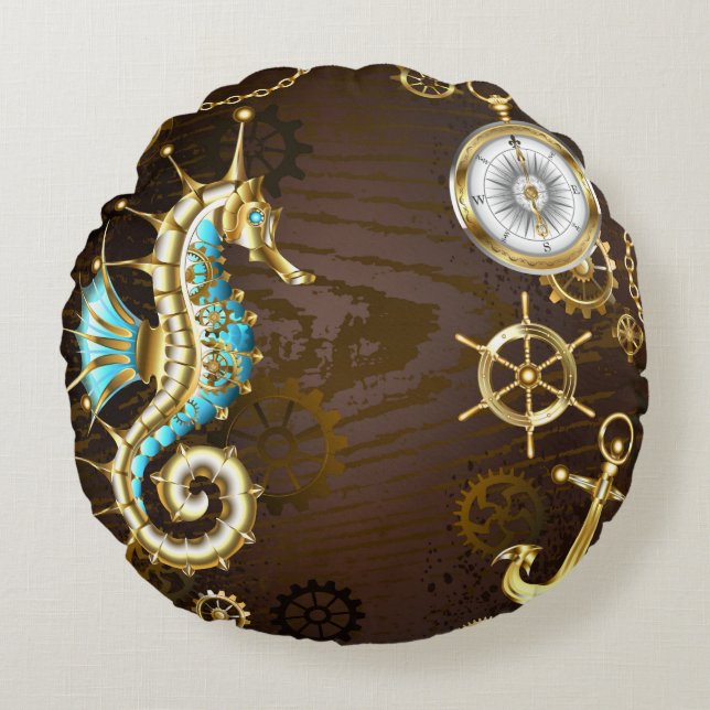 Wooden Background with Mechanical Seahorse Round Pillow (Front)