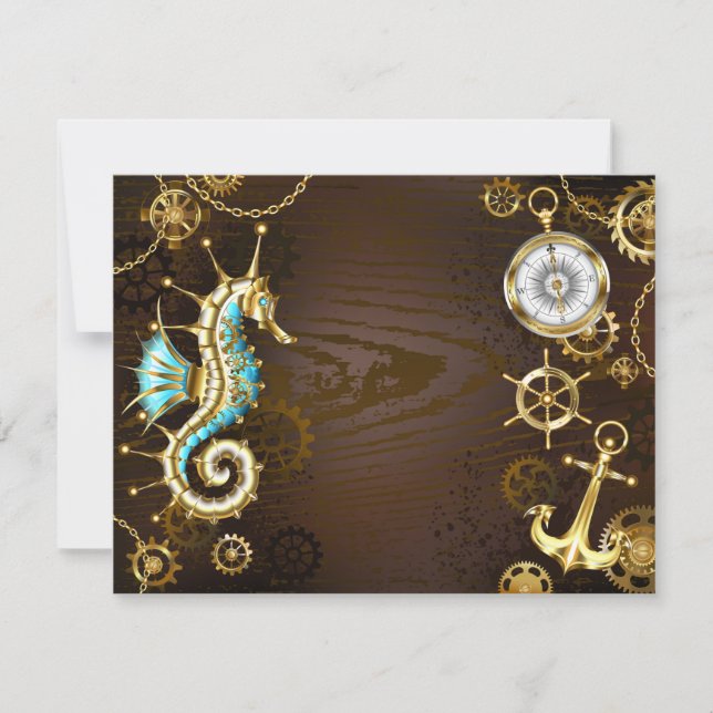 Wooden Background with Mechanical Seahorse RSVP Card (Front)