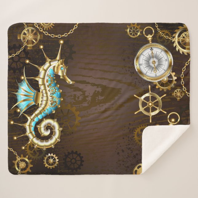 Wooden Background with Mechanical Seahorse Sherpa Blanket (Front (Horizontal))