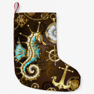 Wooden Background with Mechanical Seahorse Small Christmas Stocking