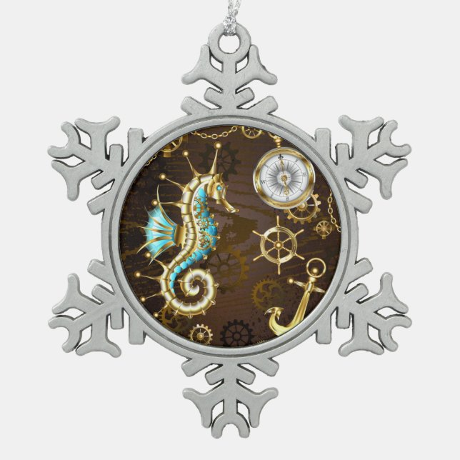Wooden Background with Mechanical Seahorse Snowflake Pewter Christmas Ornament (Front)