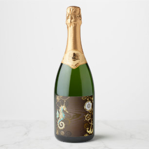 Wooden Background with Mechanical Seahorse Sparkling Wine Label