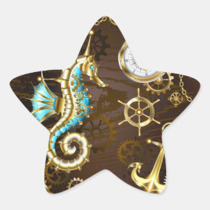 Wooden Background with Mechanical Seahorse Star Sticker
