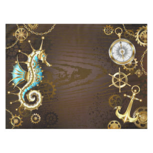 Wooden Background with Mechanical Seahorse Tablecloth