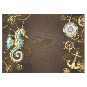 Wooden Background with Mechanical Seahorse Tablecloth
