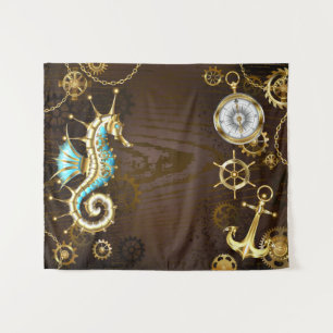 Wooden Background with Mechanical Seahorse Tapestry