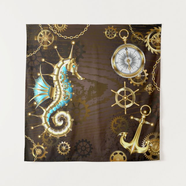 Wooden Background with Mechanical Seahorse Tapestry (Front)