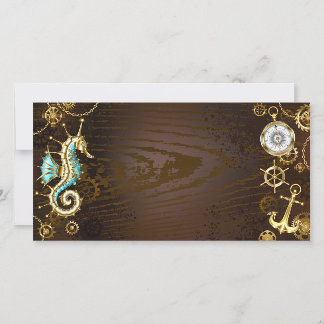 Wooden Background with Mechanical Seahorse Thank You Card (Front)