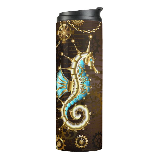 Wooden Background with Mechanical Seahorse Thermal Tumbler (Rotated Left)
