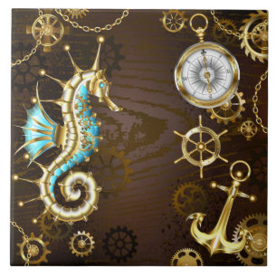 Wooden Background with Mechanical Seahorse Tile