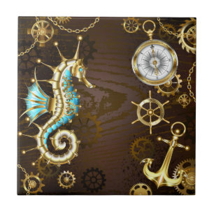 Wooden Background with Mechanical Seahorse Tile
