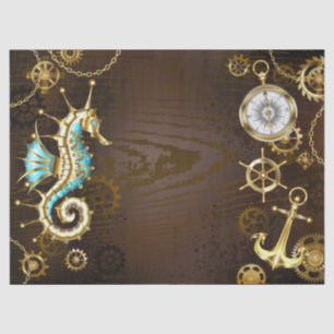 Wooden Background with Mechanical Seahorse Tissue Paper