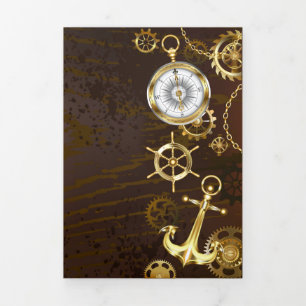 Wooden Background with Mechanical Seahorse Tri-Fold Announcement