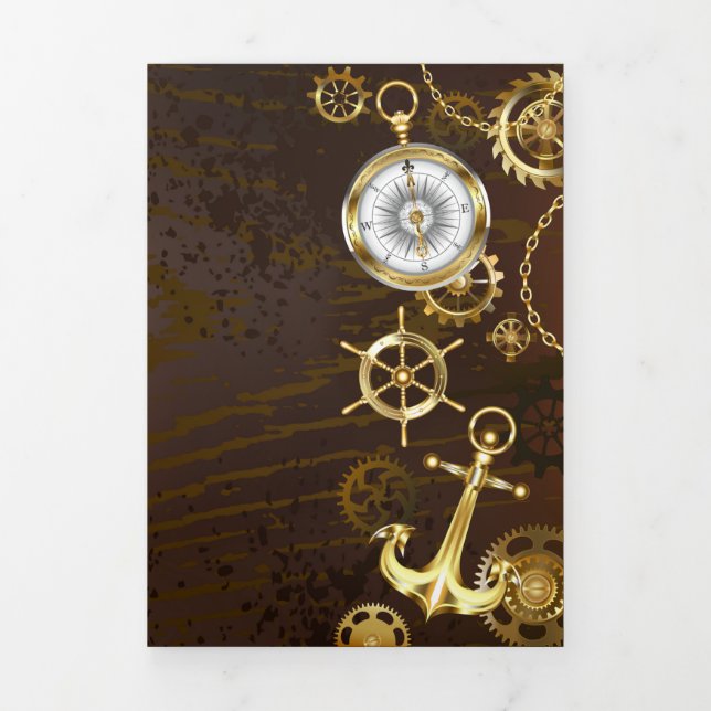 Wooden Background with Mechanical Seahorse Tri-Fold Announcement (Cover)