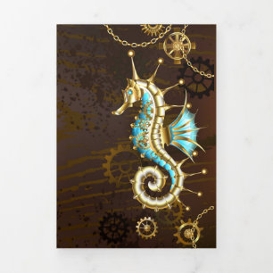 Wooden Background with Mechanical Seahorse Tri-Fold Card