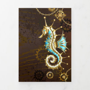 Wooden Background with Mechanical Seahorse Tri-Fold Invitation