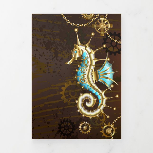 Wooden Background with Mechanical Seahorse Tri-Fold Invitation (Cover)