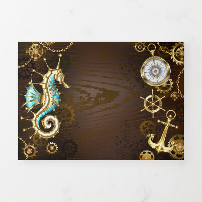 Wooden Background with Mechanical Seahorse Tri-Fold Invitation (Cover)