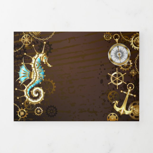 Wooden Background with Mechanical Seahorse Tri-Fold Programme (Cover)
