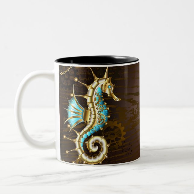 Wooden Background with Mechanical Seahorse Two-Tone Coffee Mug (Left)