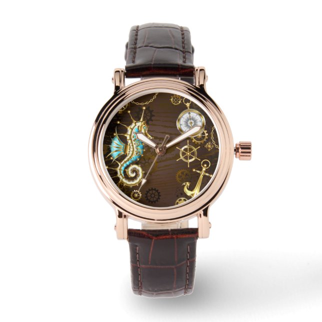 Wooden Background with Mechanical Seahorse Watch (Front)