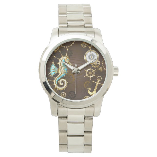 Wooden Background with Mechanical Seahorse Watch (Front)