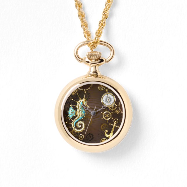 Wooden Background with Mechanical Seahorse Watch (Front)