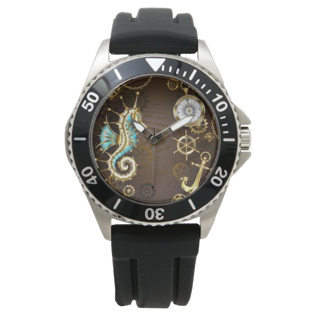 Wooden Background with Mechanical Seahorse Watch (Front)