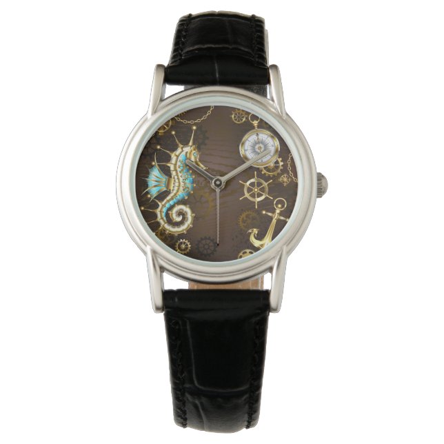 Wooden Background with Mechanical Seahorse Watch (Front)