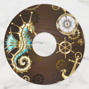 Wooden Background with Mechanical Seahorse Wine Glass Tag