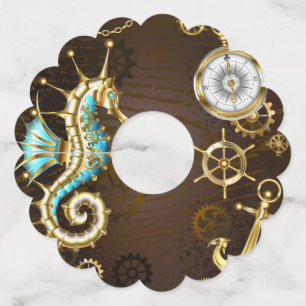 Wooden Background with Mechanical Seahorse Wine Glass Tag