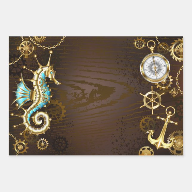 Wooden Background with Mechanical Seahorse Wrapping Paper Sheet (Front)