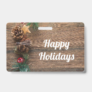 wooden background with pine cones badge